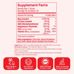 Ingredient panel showing Myo-Inositol, D-Chiro-Inositol, DIM, zinc, magnesium glycinate and vitamin D3