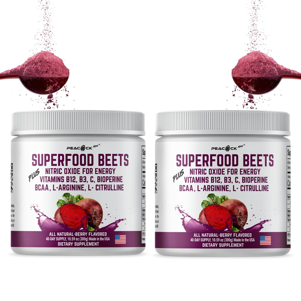 Peacock Max beets powder bottle 21oz for daily vitality boost in smoothies