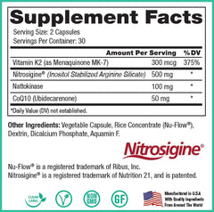 Close-up of Peak Cardio Platinum ingredients: Vitamin K2 Mk-7, Nattokinase, Nitrosigine, CoQ10