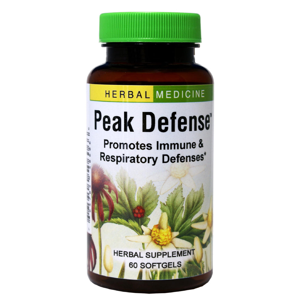 Peak Defense bottle containing 60 softgels