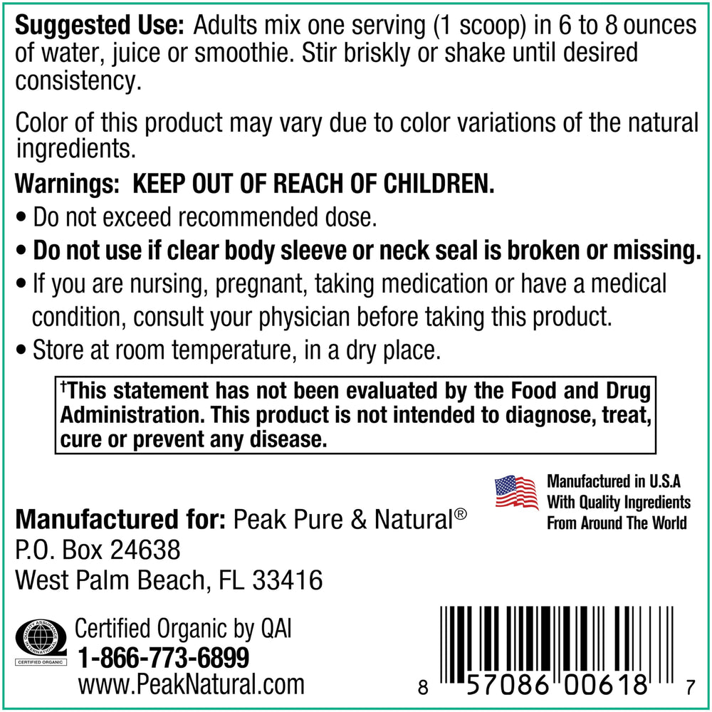 Organic fruit and vegetable mix in Peak Greens powder