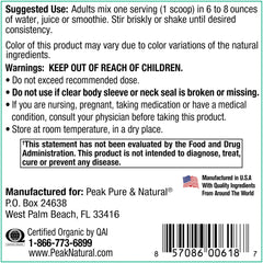 Organic fruit and vegetable mix in Peak Greens powder