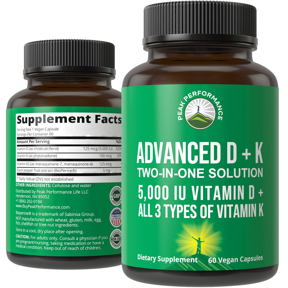 Bottle of Peak Performance Vitamin D 5000 IU with Vitamin K (K1, MK7, MK4) – front view