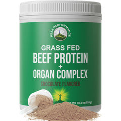 Peak Performance grass-fed beef protein powder tub front — ideal for post-workout recovery.