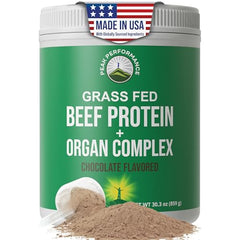 Peak Performance grass-fed beef protein powder tub front — ideal for post-workout recovery.