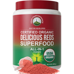 Peak Performance Organic Reds powder container front view