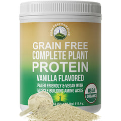 Peak Performance vanilla tub front: creamy plant protein for post workout recovery.