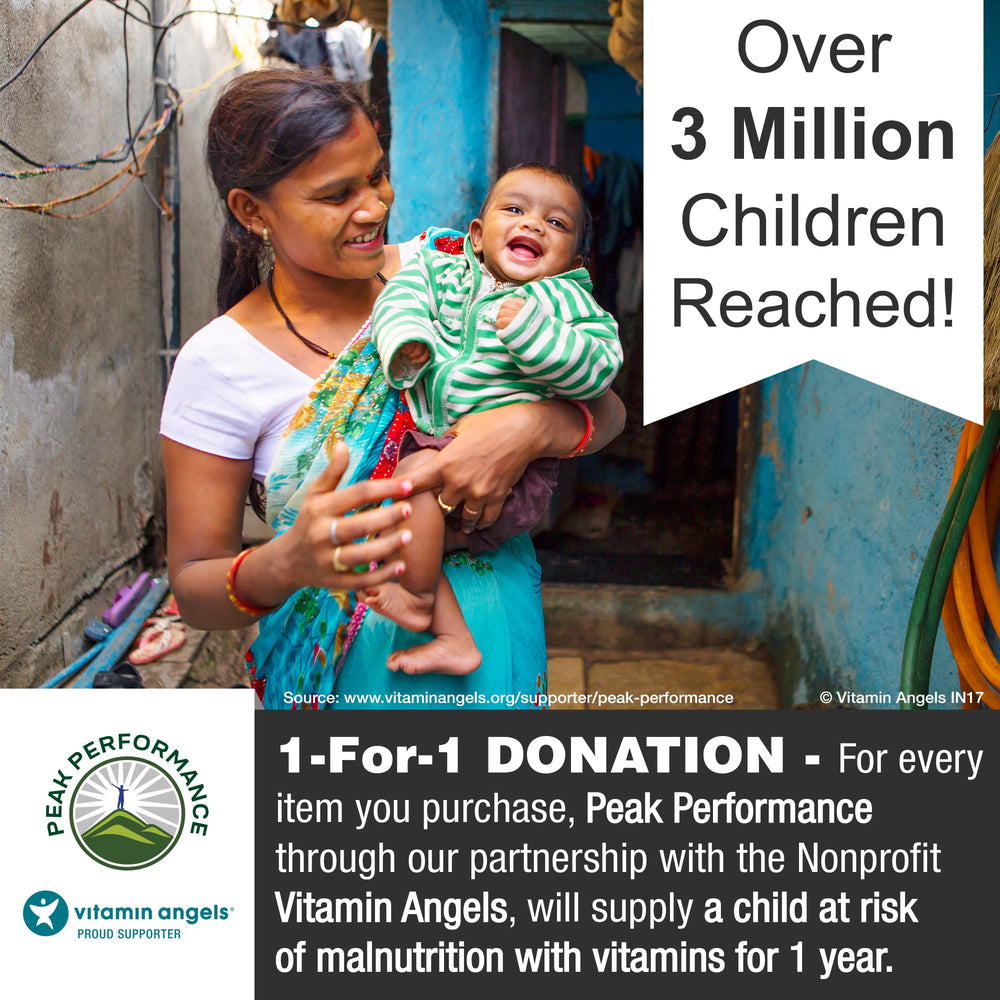 1-for-1 Vitamin Angels donation banner for Peak Performance