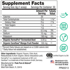 Peak Pure & Natural Peak Organic Fermented Beets canister closeup shows powder and scoop