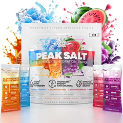 Peak Revival-X electrolytes packets variety pack closeup for quick on-the-go hydration.
