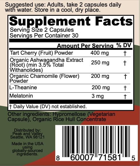 Two Peak + Valley sleep aid capsules with a glass of water