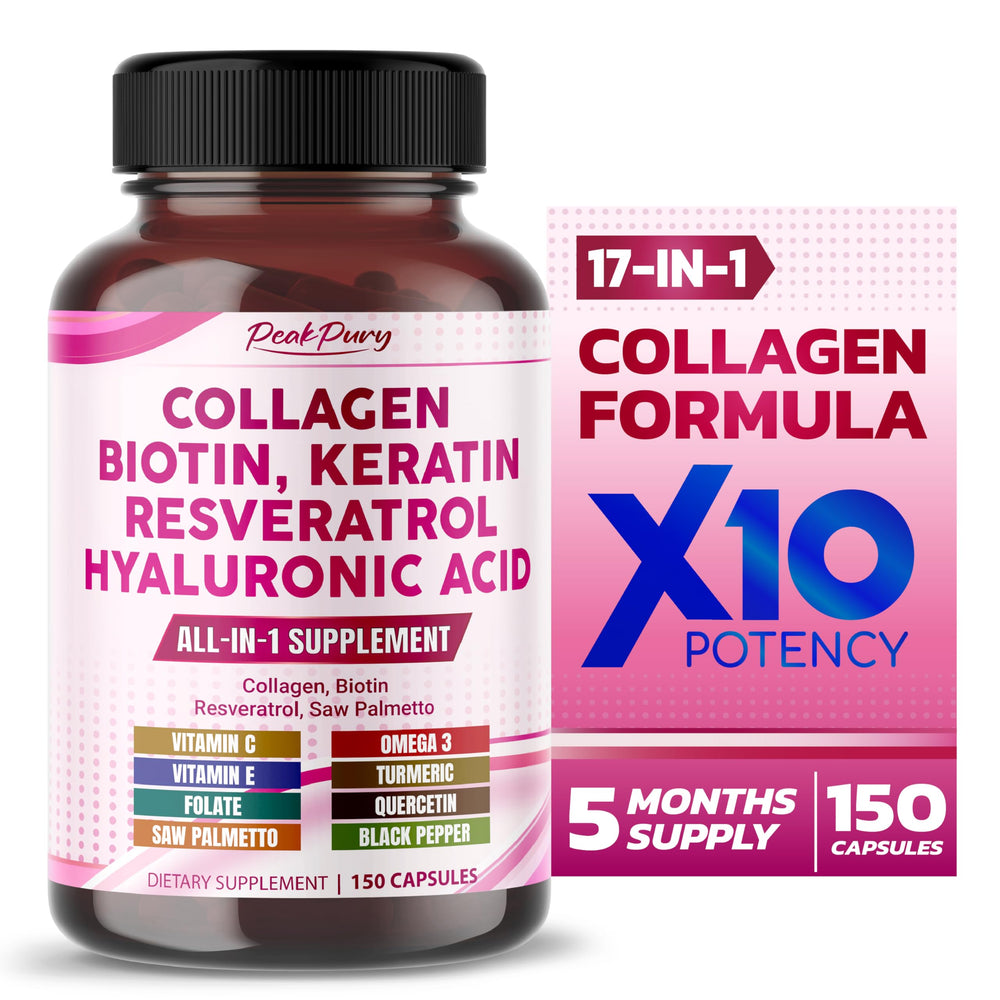 Front view of PEAKPURY collagen biotin resveratrol supplement bottle