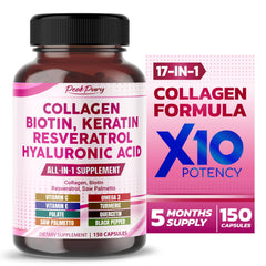 Front view of PEAKPURY collagen biotin resveratrol supplement bottle