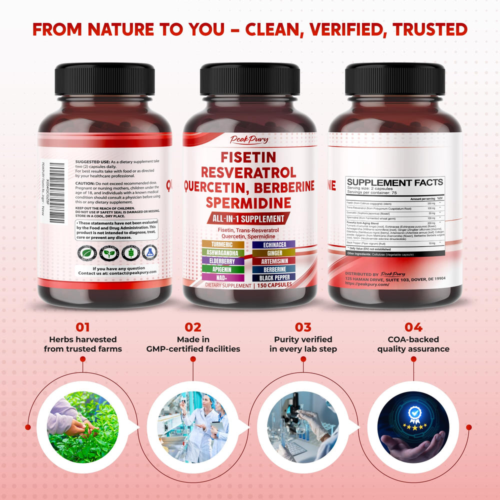 Packaging and box design of PeakPury Fisetin supplement