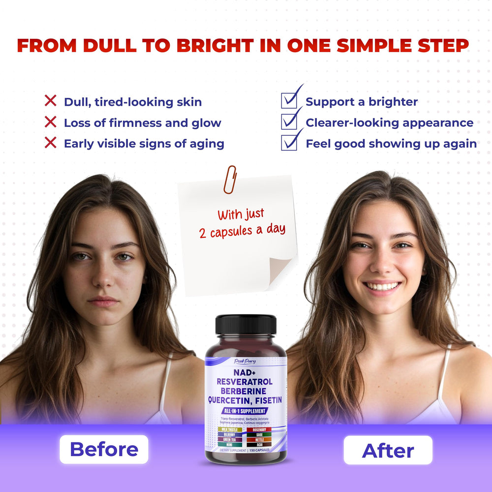 Illustration of PeakPury ingredient blend including NAD+, Trans-Resveratrol and antioxidants