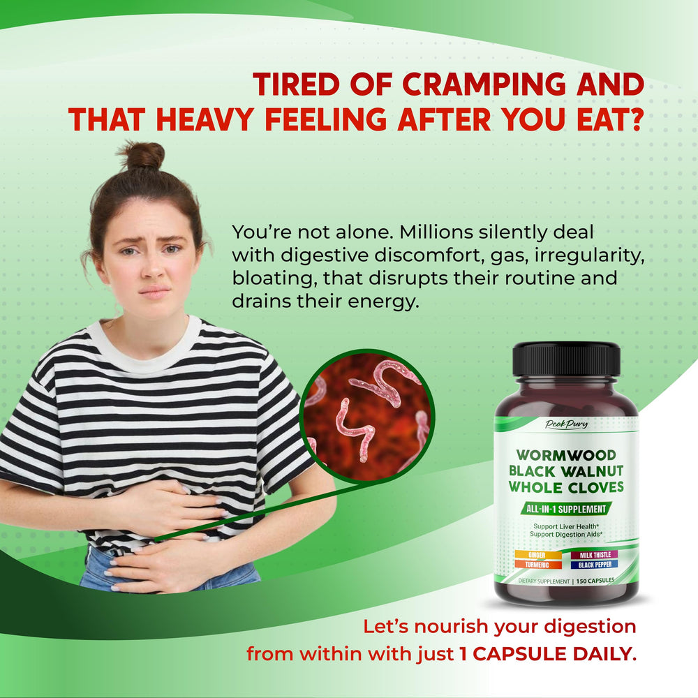 Close-up of PeakPury bottle label showing wormwood black walnut cloves ginger