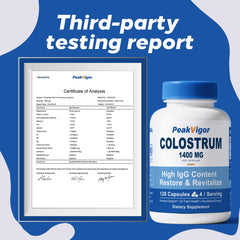 Close up of PeakVigor colostrum capsules showing 1400 mg strength