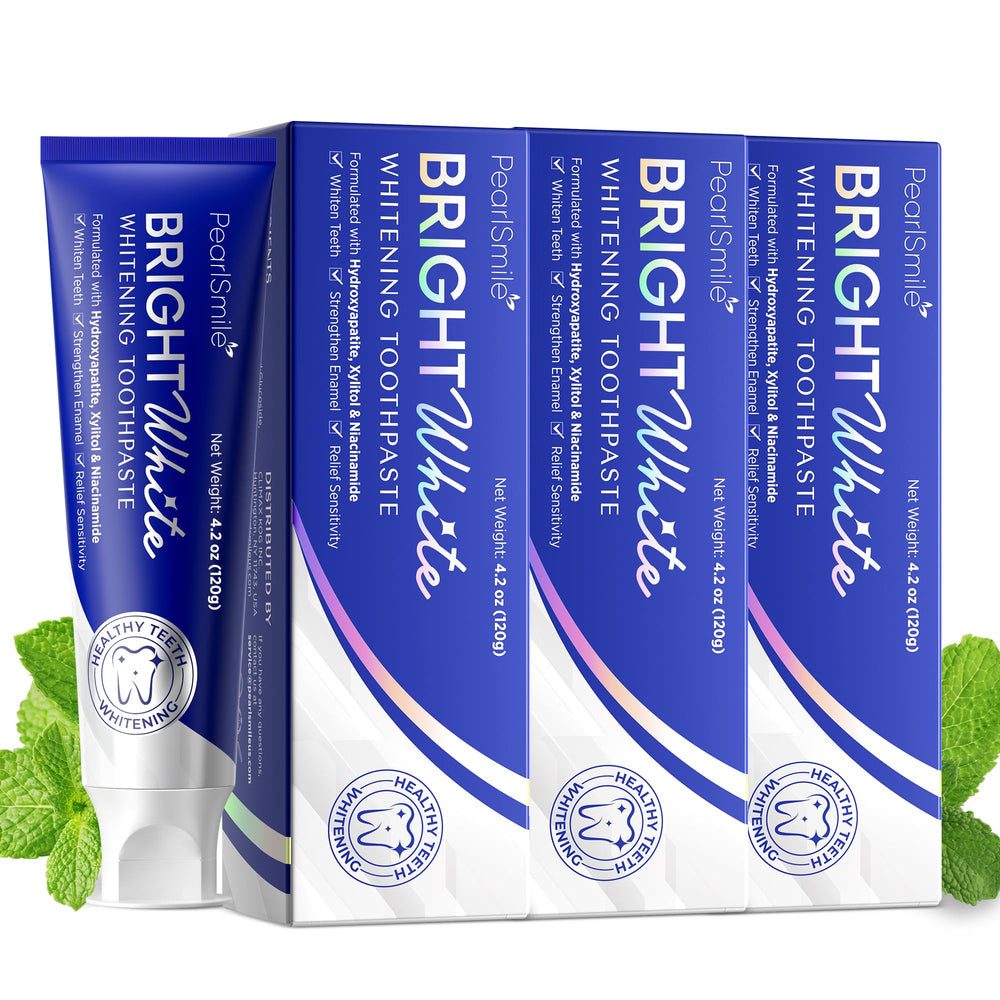 Front view of PearlSmile toothpaste tube featuring 10% nano-hydroxyapatite and 5% niacinamide on the label.