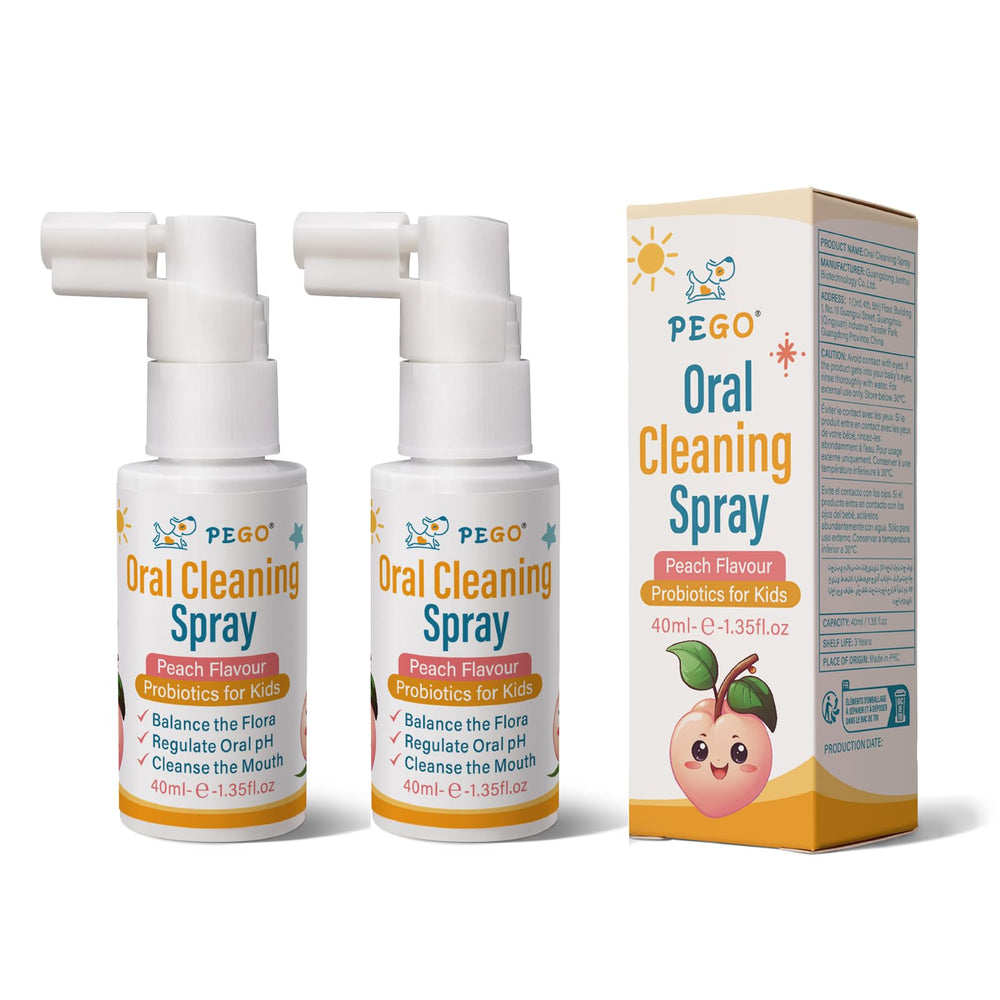 Front view of PEGO Kids Oral Spray bottle in peach flavor