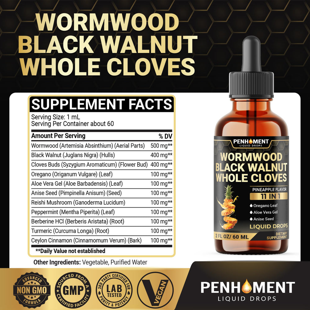 Ingredients highlighted on Penhoment label: Wormwood, Black Walnut, Cloves, Oregano
