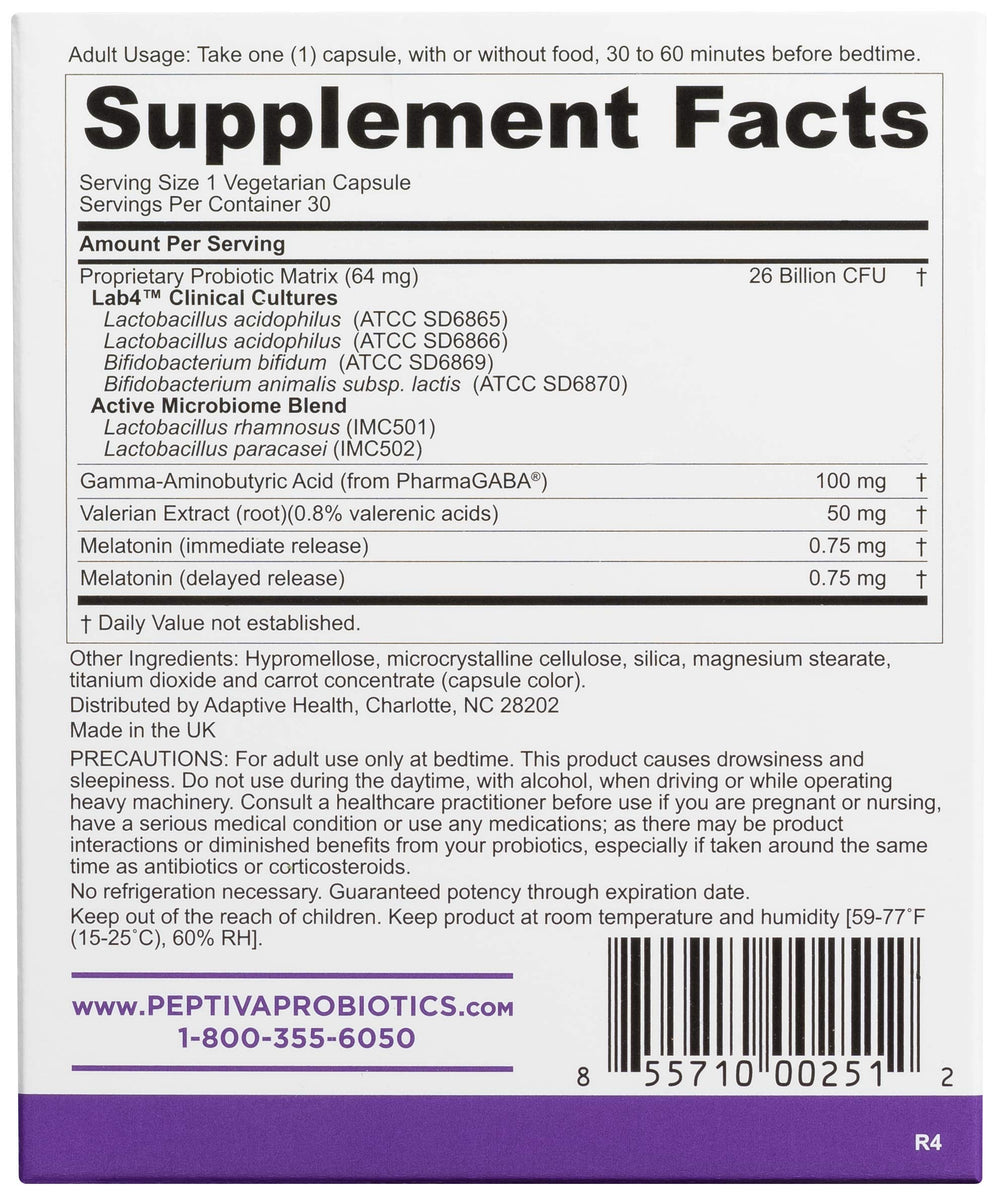 Front view of Peptiva Sleep Support probiotic bottle