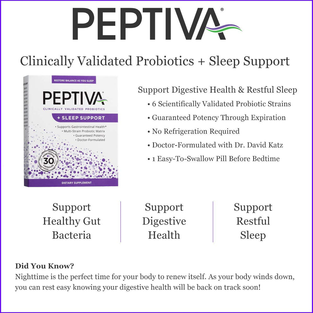 Close-up of Peptiva label highlighting multi-strain probiotic and melatonin