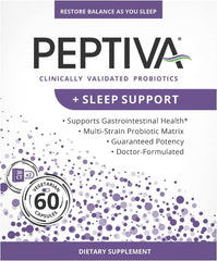 Front view of Peptiva 26 Billion CFU Probiotic and Sleep Support bottle