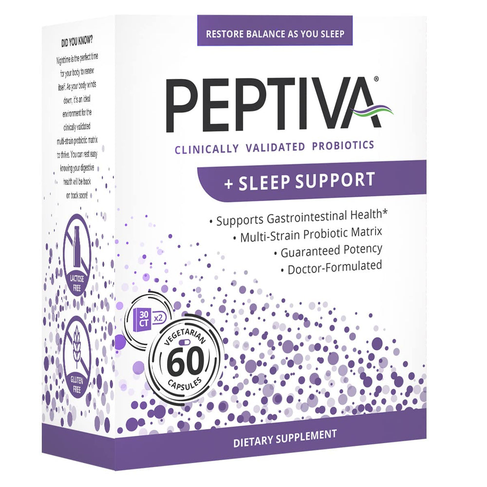 Peptiva packaging highlighting multi-strain probiotic matrix with melatonin