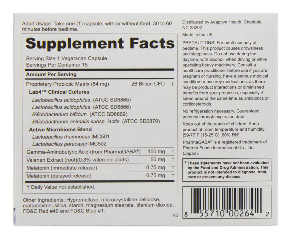 Sleep-supporting probiotic features: melatonin, PharmaGABA, valerian root; vegetarian and gluten-free