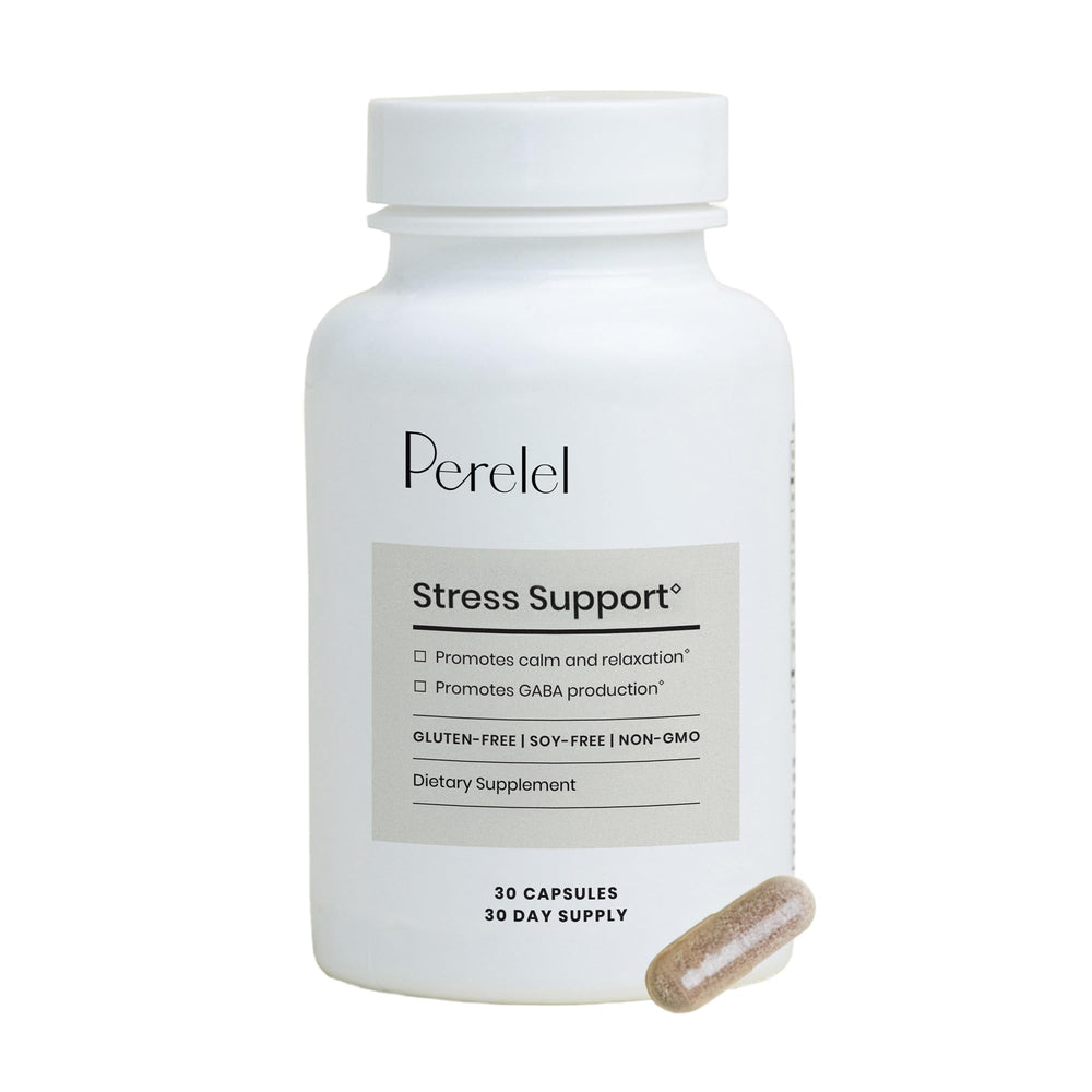 Perelel Stress Support bottle and capsules on white background