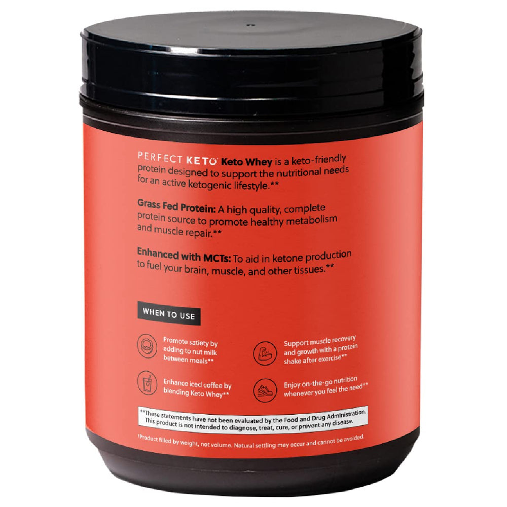 Perfect Keto Pure Whey ingredients image highlights grass-fed dairy and MCT support.