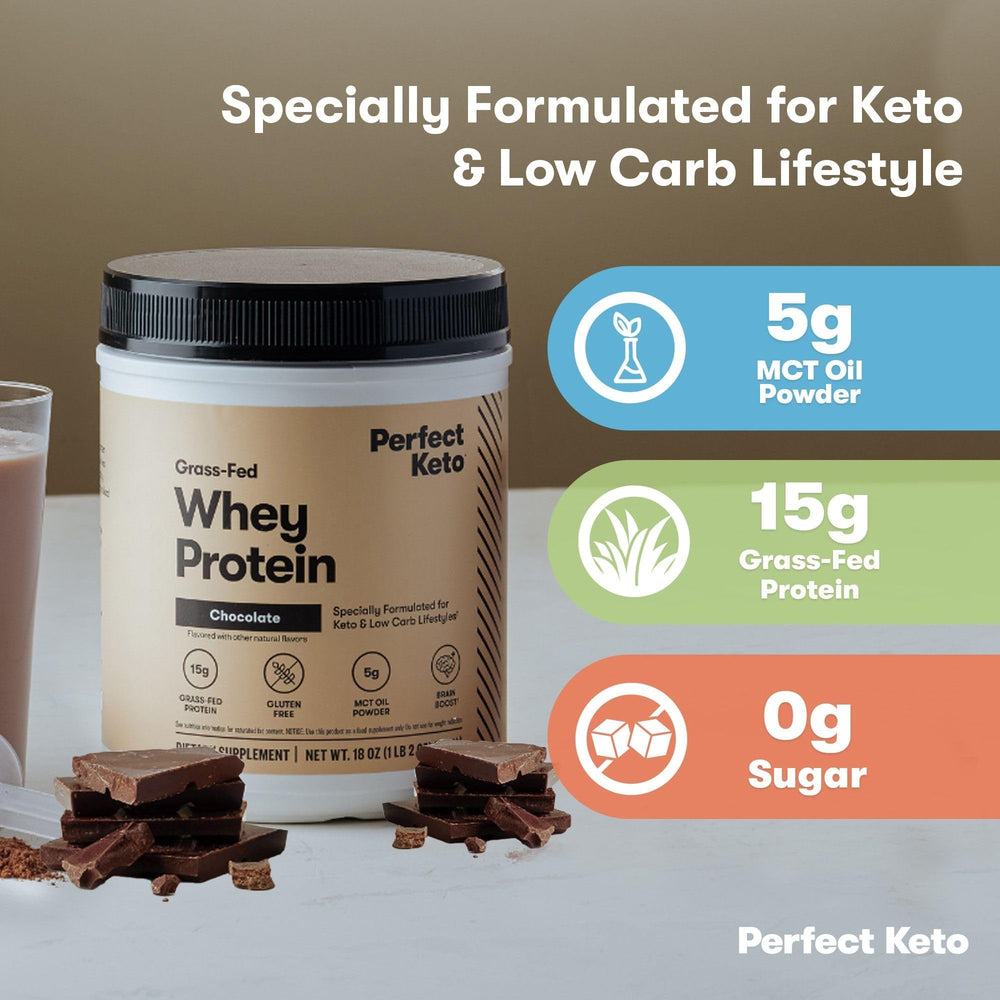 Perfect Keto Pure Whey lifestyle shot promotes convenient meal replacement.