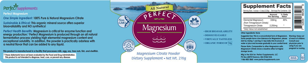 Scoop of magnesium citrate powder beside a glass of water