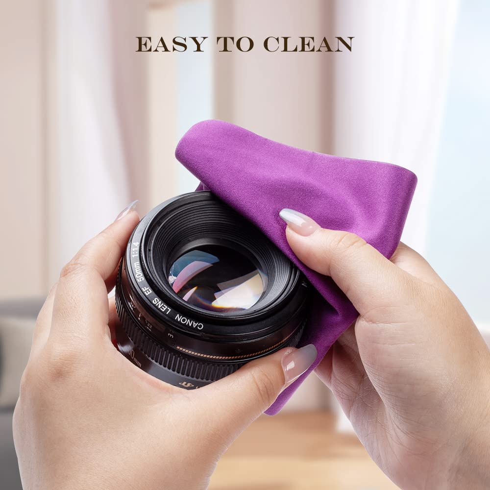 Six purple microfiber cloths arranged for travel, 5.7 x 6.7 inches