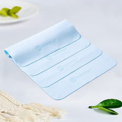 Packaging showing safe for coated lenses and a 6-pack blue cloths.