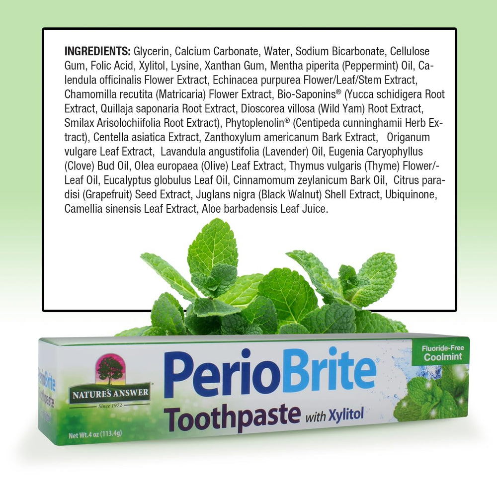 Ingredients panel showing gluten-free and fluoride-free