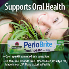 Icons indicating gluten-free, fluoride-free, SLS-free and no artificial additives