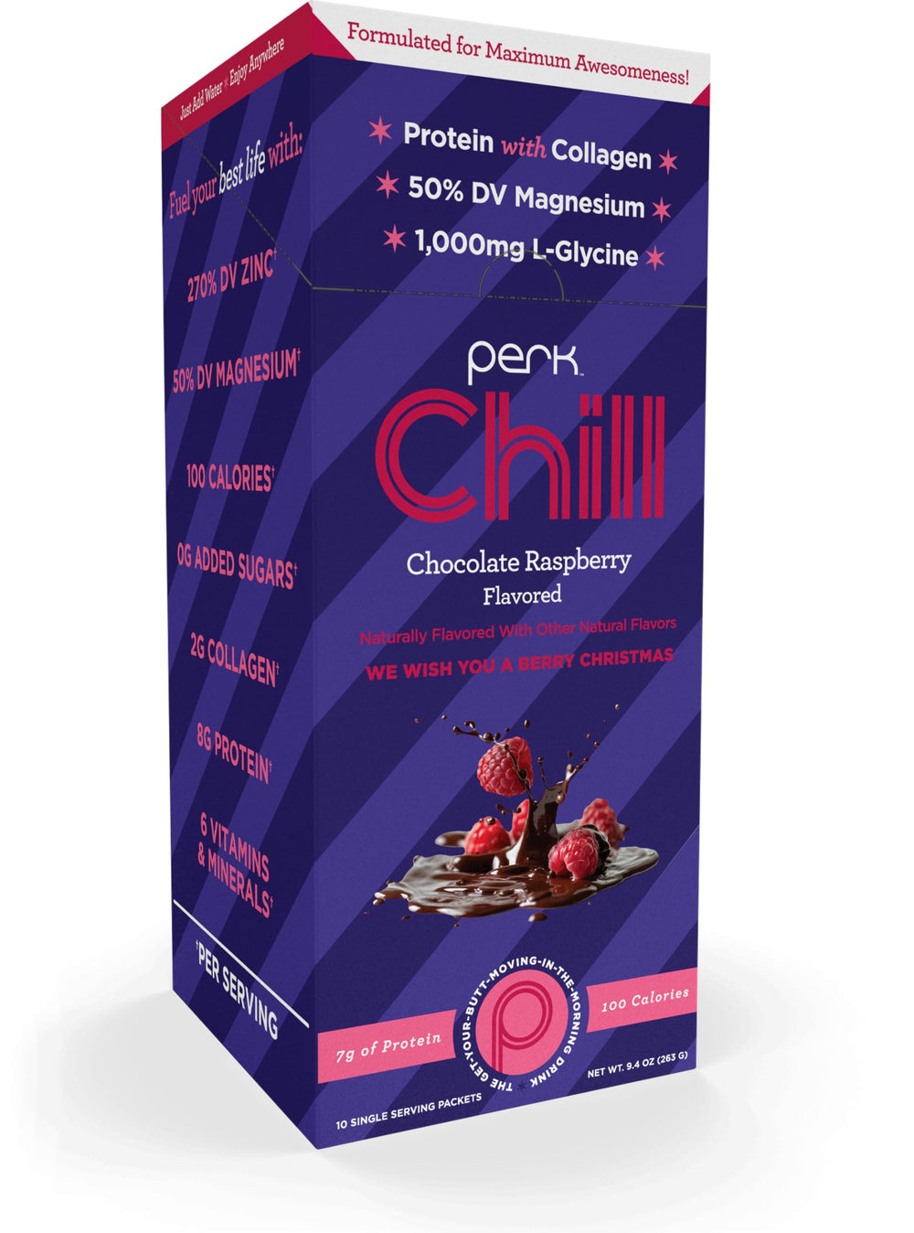 Perk Chill Chocolate Raspberry powder in a packet closeup, protein boost for workouts.