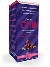 Perk Chill Chocolate Raspberry powder in a packet closeup, protein boost for workouts.