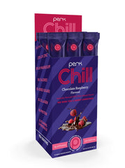 Perk Chill Chocolate Raspberry tub front shows gluten-free and third-party tested claim.