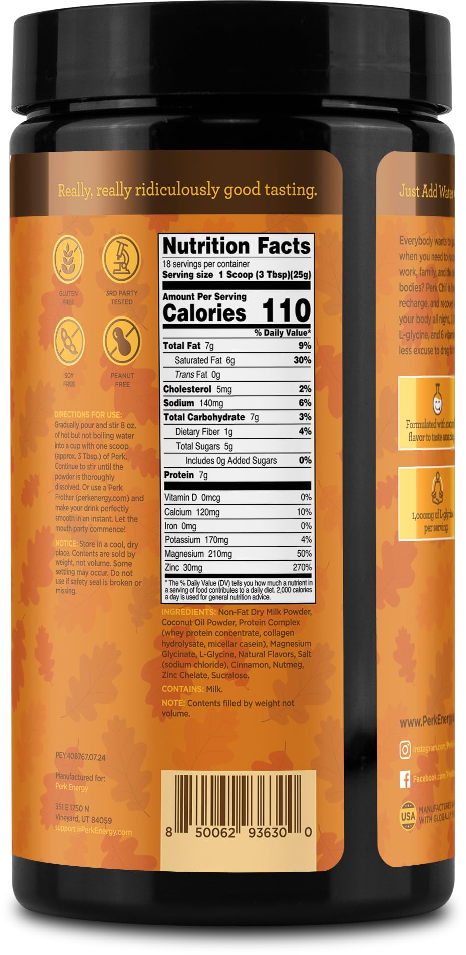 Nutrition label highlighting 7G protein per serving and 18 servings per bottle