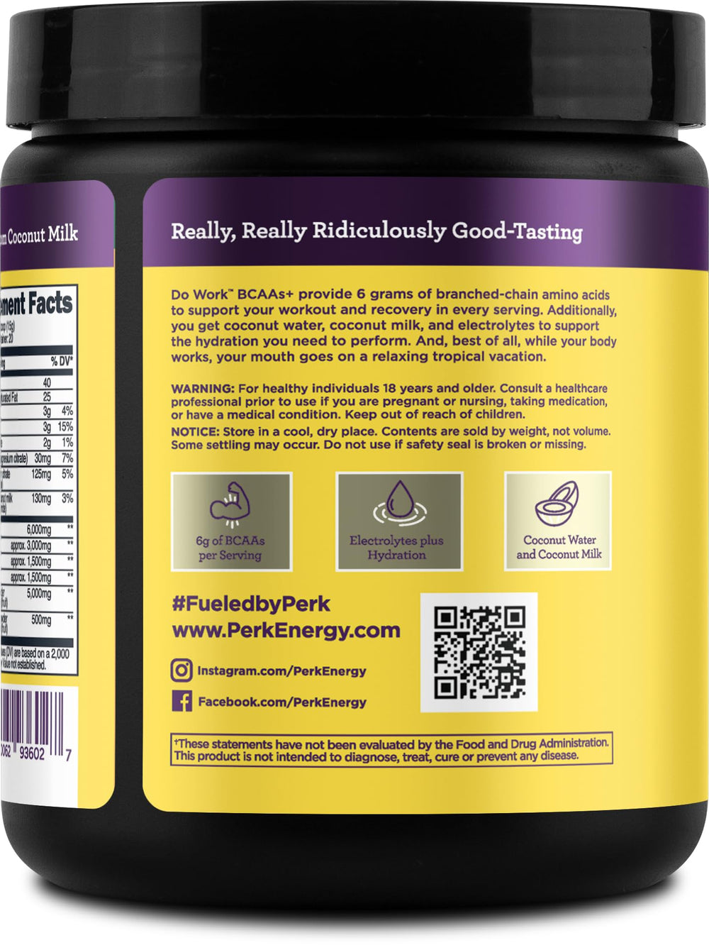 Nutrition facts showing 6g BCAAs per serving with electrolytes