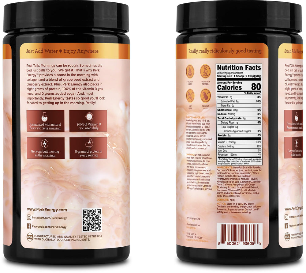 Perk Energy Original Horchata packaging front communicates quality and third-party testing.