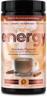 Perk Energy Original Horchata powder scoop in glass for a flavorful energy lift.