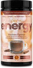 Perk Energy Original Horchata powder scoop in glass for a flavorful energy lift.