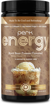 Perk Energy Root Beer Freeze protein powder tub with label