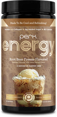 Perk Energy Root Beer Freeze protein powder tub with label