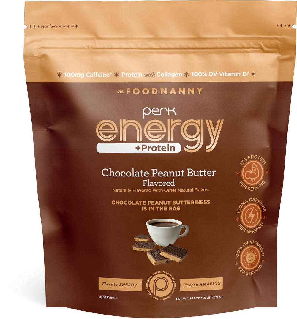 Perk Energy + Protein powder canister in Chocolate Peanut Butter flavor