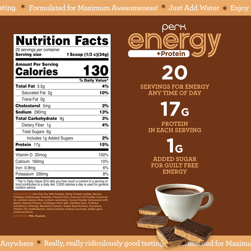 Perk Energy + Protein serving tub on kitchen counter ready for a nutrition boost