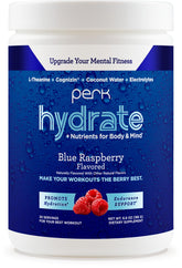 Perk Hydrate Blue Raspberry electrolyte drink mix powder tub
